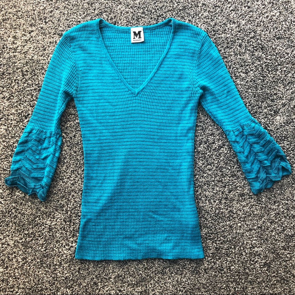 M Missoni blue 3/4 flared sleeve knit top